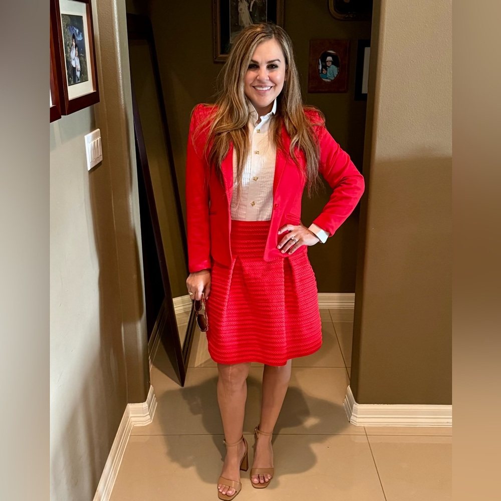 2 Piece H&M Red Skater Skirt & Matching Blazer Suit with Ribbed Pleats Size L/10 - Picture 8 of 16